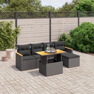 Set mobilier de grădină cu perne, 6 piese, negru, poliratan