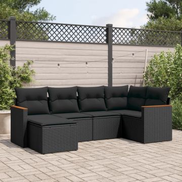 Set mobilier de grădină cu perne, 6 piese, negru, poliratan