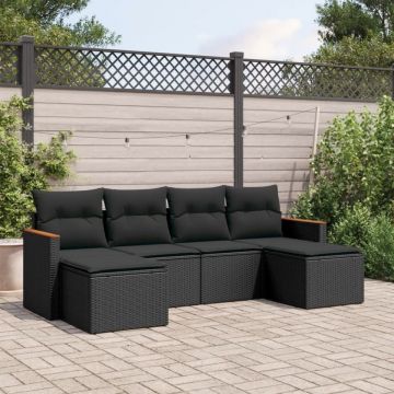 Set mobilier de grădină cu perne, 6 piese, negru, poliratan