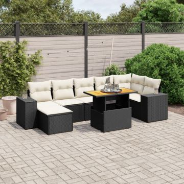 Set mobilier de grădină cu perne, 8 piese, negru, poliratan