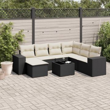 Set mobilier de grădină cu perne, 8 piese, negru, poliratan