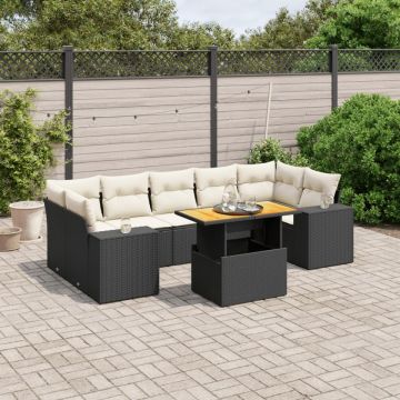 Set mobilier de grădină cu perne, 8 piese, negru, poliratan