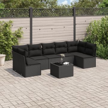 Set mobilier de grădină cu perne, 8 piese, negru, poliratan