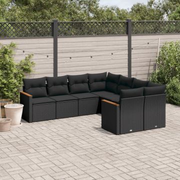 Set mobilier de grădină cu perne, 8 piese, negru, poliratan