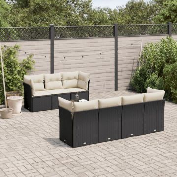 Set mobilier de grădină cu perne, 8 piese, negru, poliratan