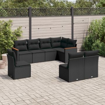 Set mobilier de grădină cu perne, 8 piese, negru, poliratan