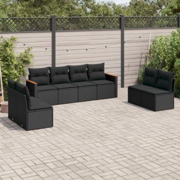 Set mobilier de grădină cu perne, 8 piese, negru, poliratan