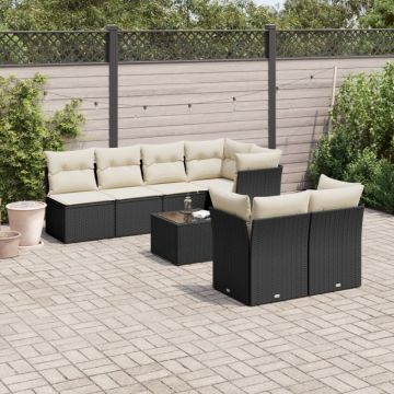 Set mobilier de grădină cu perne, 8 piese, negru, poliratan