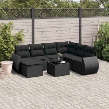 Set mobilier de grădină cu perne, 8 piese, negru, poliratan