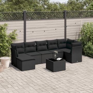 Set mobilier de grădină cu perne, 8 piese, negru, poliratan