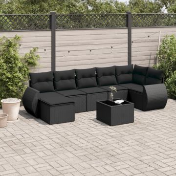 Set mobilier de grădină cu perne, 8 piese, negru, poliratan