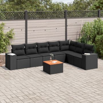 Set mobilier de grădină cu perne, 8 piese, negru, poliratan