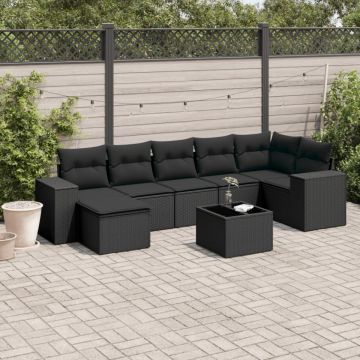 Set mobilier de grădină cu perne, 8 piese, negru, poliratan