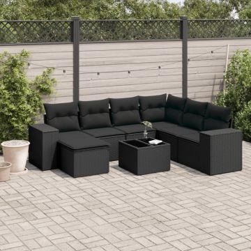 Set mobilier de grădină cu perne, 8 piese, negru, poliratan