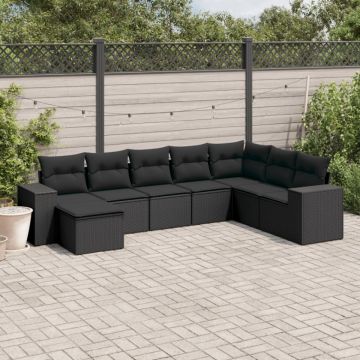 Set mobilier de grădină cu perne, 8 piese, negru, poliratan