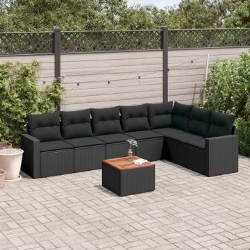 Set mobilier de grădină cu perne, 8 piese, negru, poliratan