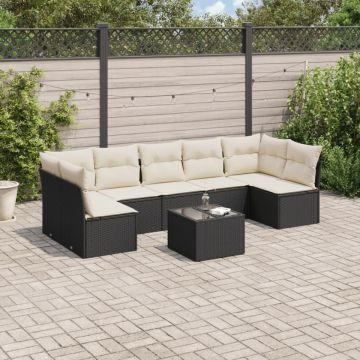 Set mobilier de grădină cu perne, 8 piese, negru, poliratan