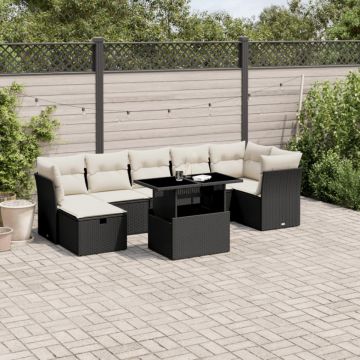 Set mobilier de grădină cu perne, 8 piese, negru, poliratan