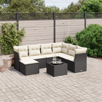 Set mobilier de grădină cu perne, 8 piese, negru, poliratan