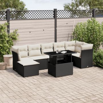 Set mobilier de grădină cu perne, 8 piese, negru, poliratan