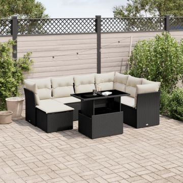 Set mobilier de grădină cu perne, 8 piese, negru, poliratan