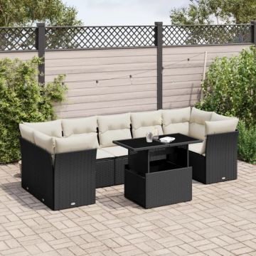 Set mobilier de grădină cu perne, 8 piese, negru, poliratan