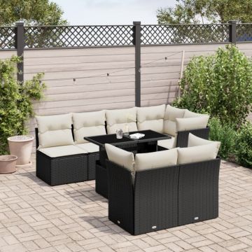 Set mobilier de grădină cu perne, 8 piese, negru, poliratan