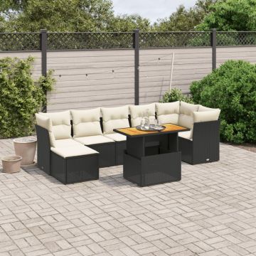 Set mobilier de grădină cu perne, 8 piese, negru, poliratan