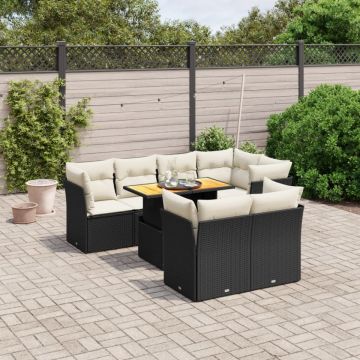 Set mobilier de grădină cu perne, 8 piese, negru, poliratan