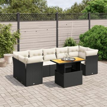 Set mobilier de grădină cu perne, 8 piese, negru, poliratan