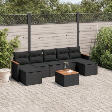 Set mobilier de grădină cu perne, 8 piese, negru, poliratan