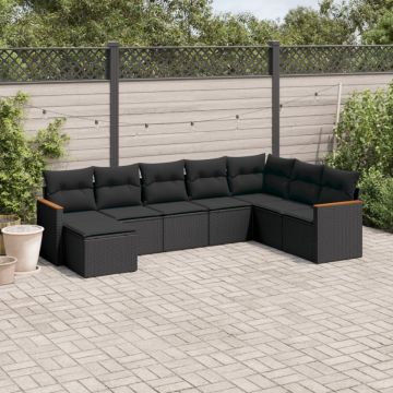 Set mobilier de grădină cu perne, 8 piese, negru, poliratan