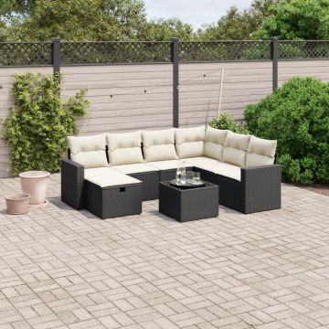 Set mobilier de grădină cu perne, 8 piese, negru, poliratan