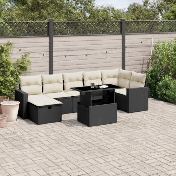 Set mobilier de grădină cu perne, 8 piese, negru, poliratan