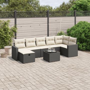 Set mobilier de grădină cu perne, 8 piese, negru, poliratan