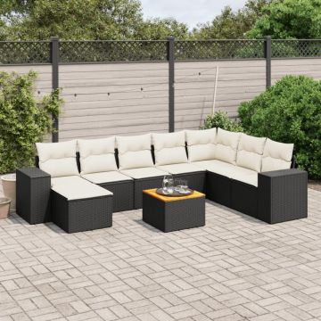 Set mobilier de grădină cu perne, 9 piese, negru, poliratan