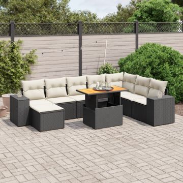 Set mobilier de grădină cu perne, 9 piese, negru, poliratan