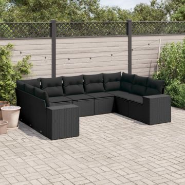 Set mobilier de grădină cu perne, 9 piese, negru, poliratan