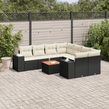 Set mobilier de grădină cu perne, 9 piese, negru, poliratan