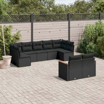 Set mobilier de grădină cu perne, 9 piese, negru, poliratan