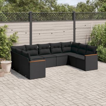 Set mobilier de grădină cu perne, 9 piese, negru, poliratan