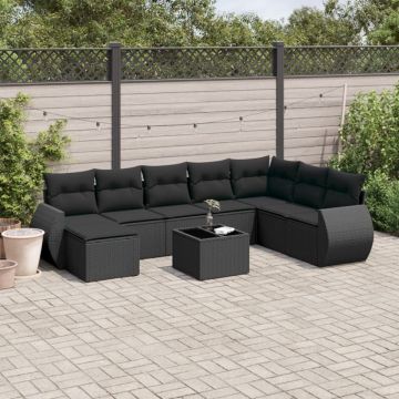 Set mobilier de grădină cu perne, 9 piese, negru, poliratan