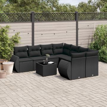 Set mobilier de grădină cu perne, 9 piese, negru, poliratan