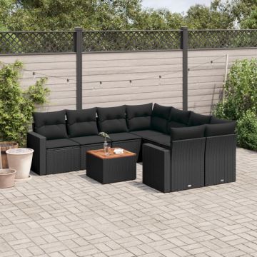 Set mobilier de grădină cu perne, 9 piese, negru, poliratan