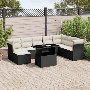 Set mobilier de grădină cu perne, 9 piese, negru, poliratan