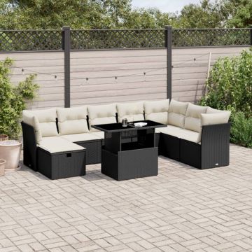 Set mobilier de grădină cu perne, 9 piese, negru, poliratan