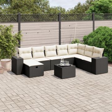 Set mobilier de grădină cu perne, 9 piese, negru, poliratan