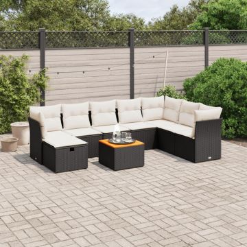 Set mobilier de grădină cu perne, 9 piese, negru, poliratan