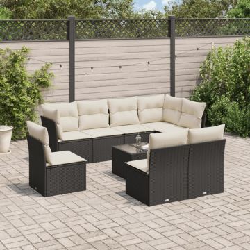 Set mobilier de grădină cu perne, 9 piese, negru, poliratan