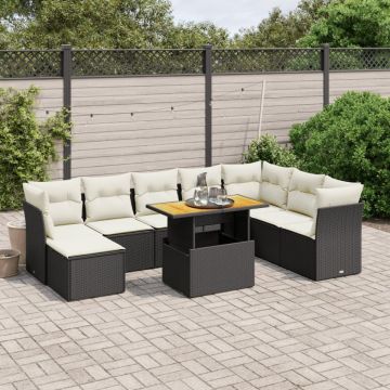 Set mobilier de grădină cu perne, 9 piese, negru, poliratan